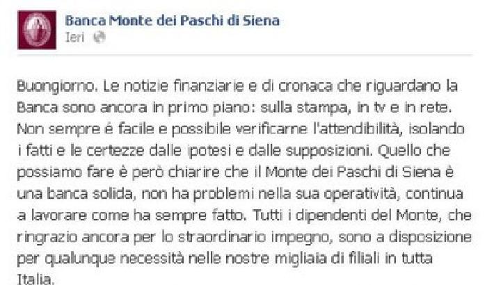 Mps si affida a Facebook