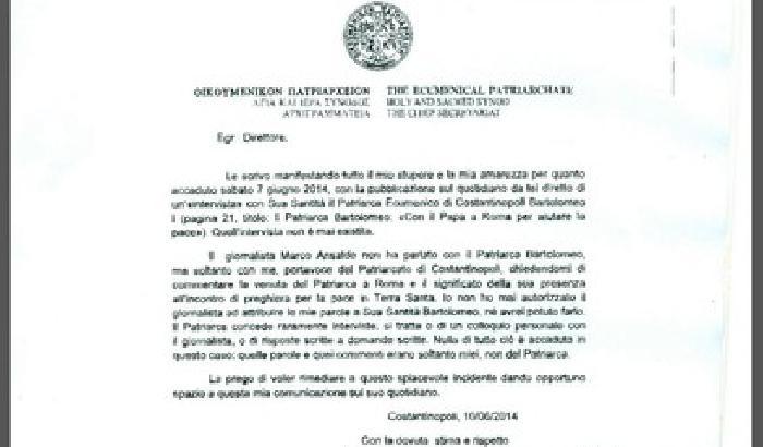 Il Patriarca Bartolomeo smentisce l'intervista a Repubblica