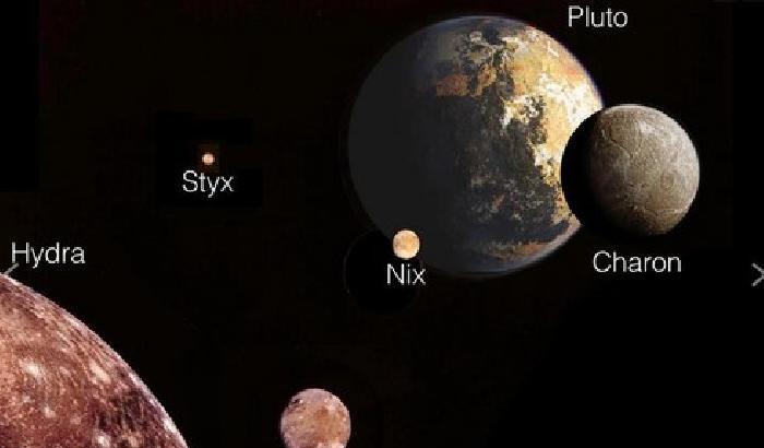 012318 L'illustrazione mostra Plutone e le sue cinque lune da una prospettiva con il Sole alle spalle. Avvicinandosi al sistema, troviamo per prima la luna pi