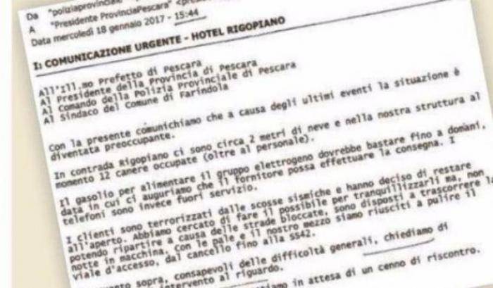 Aiutateci siamo terrorizzati: la mail dell'hotel Rigopiano poco prima della tragedia