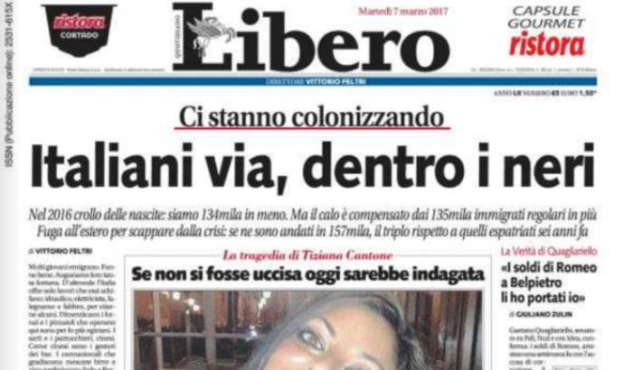 Due piccioni con una prima pagina: Libero contro migranti (regolari) e Tiziana Cantone