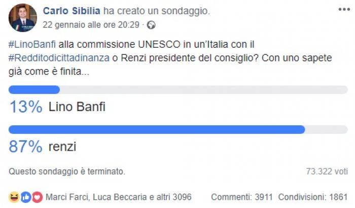 Il sondaggio boomerang di Sibilia (M5s): "Banfi o Renzi?", vince Renzi