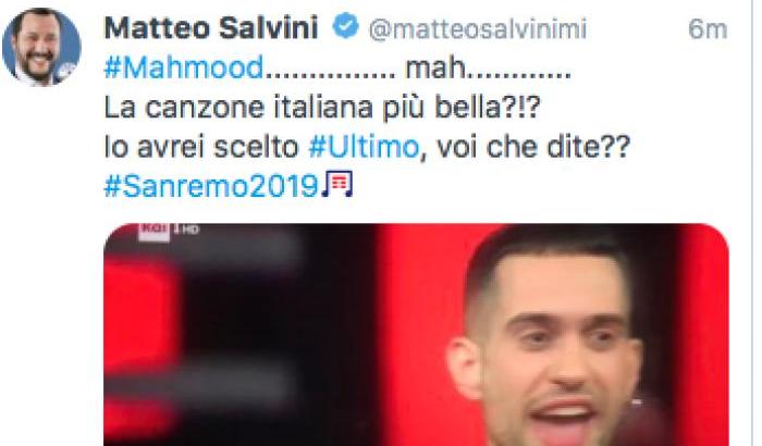 Salvini già rosica per la vittoria di Mahmood, ma su twitter gli rispondono: "ministro, serve un Maalox?"
