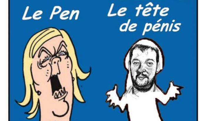 La satira su Salvini con il rosario di Charlie Hebdo che fa bestemmiare Gesù