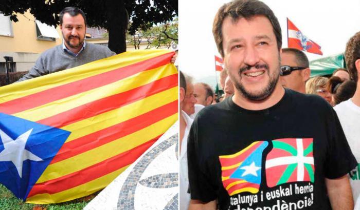 La doppiezza di Salvini sulla Spagna: ieri indipendentista catalano, oggi con i franchisti di Vox