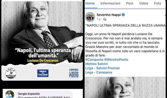 Affiancano il volto di Luciano De Crescenzo al logo della Lega: infuria la polemica