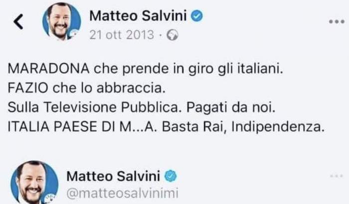 Salvini faccia di bronzo: "Maradona era un genio, non mi importa cosa è stato fuori dal campo..."
