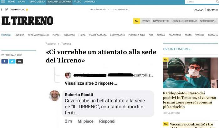 Lo screenshot del Tirreno con il messaggio di minacce
