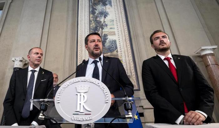 Salvini e i capigruppo di Camera e Senato della Lega Riccardo Molinari e Massimiliano Romeo.