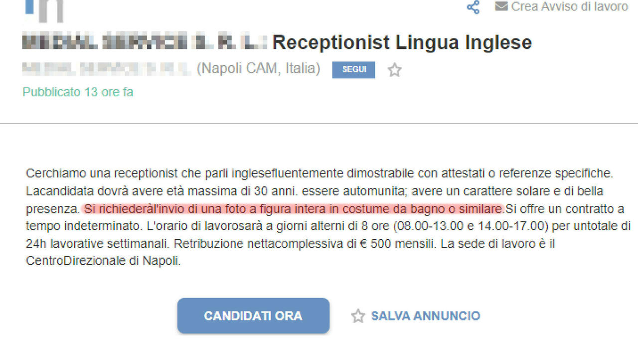 Napoli, l'annuncio sessista di un'azienda: "Inviare una foto in costume per il ruolo di receptionist".