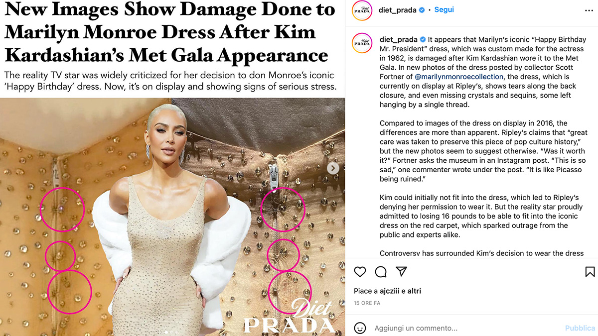 Kim Kardashian ha danneggiato il vestito di Marylin Monroe: in rete scoppia la polemica