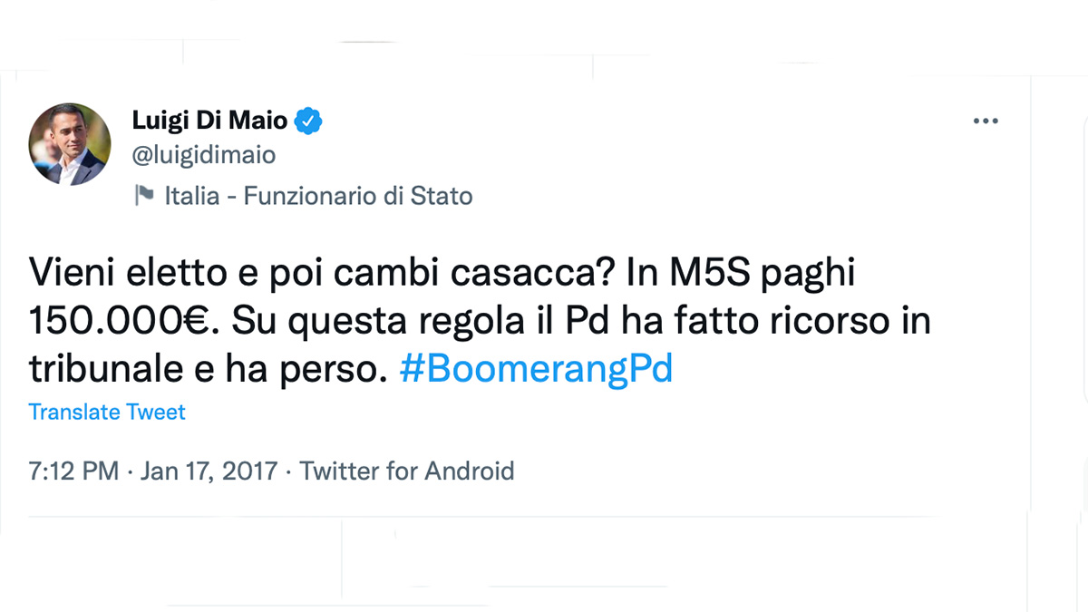 tweet-di-maio Di Maio e il tweet contro i cambi di casacca: "Vieni eletto e cambi partito? Nel M5s devi pagare 150mila euro"