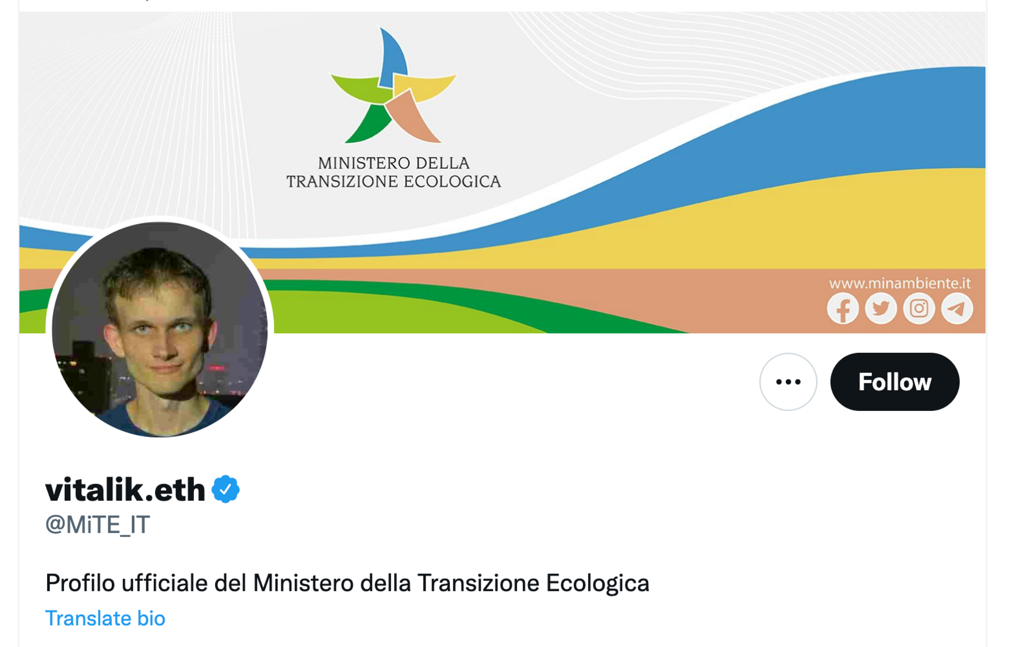Hackerato il profilo twitter del ministero della Transizione ecologica: nel profilo, la foto di Vitalik Buterin