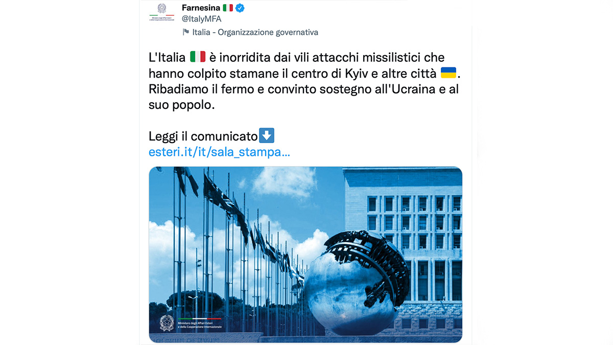 Kiev, la Farnesina: "Inorriditi dagli attacchi sulle citt&agrave;, siamo con il popolo ucraino"