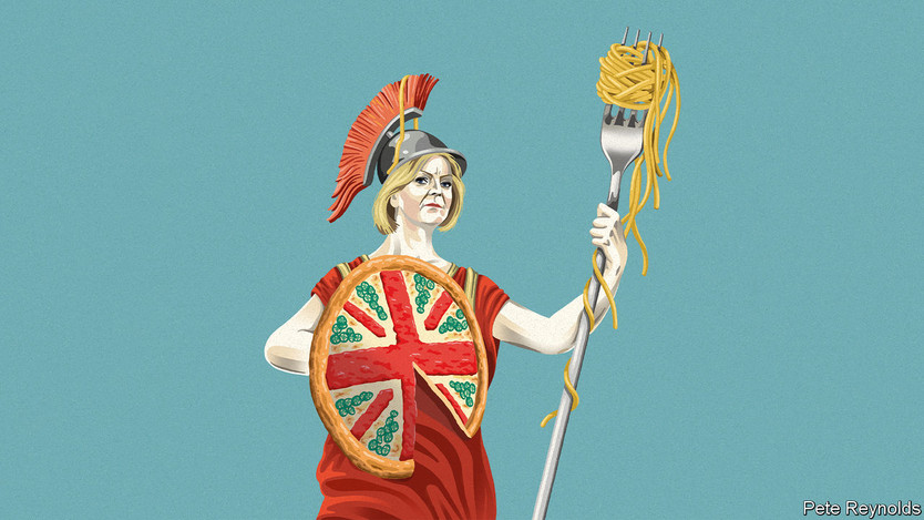 L'Economist fa una caricatura antipatica di Liz Truss che tiene in mano una forchetta con spaghetti: Welcome to Britaly