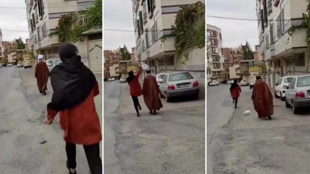 Giovani e coraggiosi manifestanti iraniani tolgono il turbante ai religiosi per strada