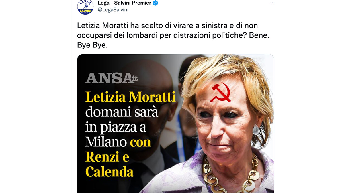 Orrendo e violento post della Lega contro Letizia Moratti: ritratta con una falce e martello disegnata in fronte