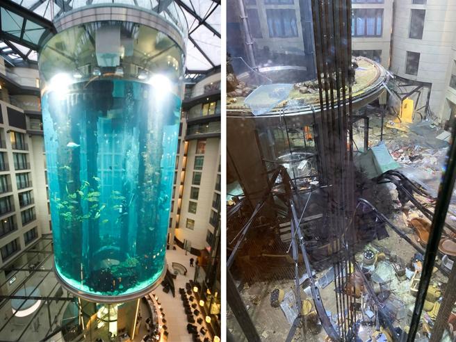 Strage sfiorata a Berlino: esplode il più grande acquario cilindrico del mondo: feriti e strade allagate