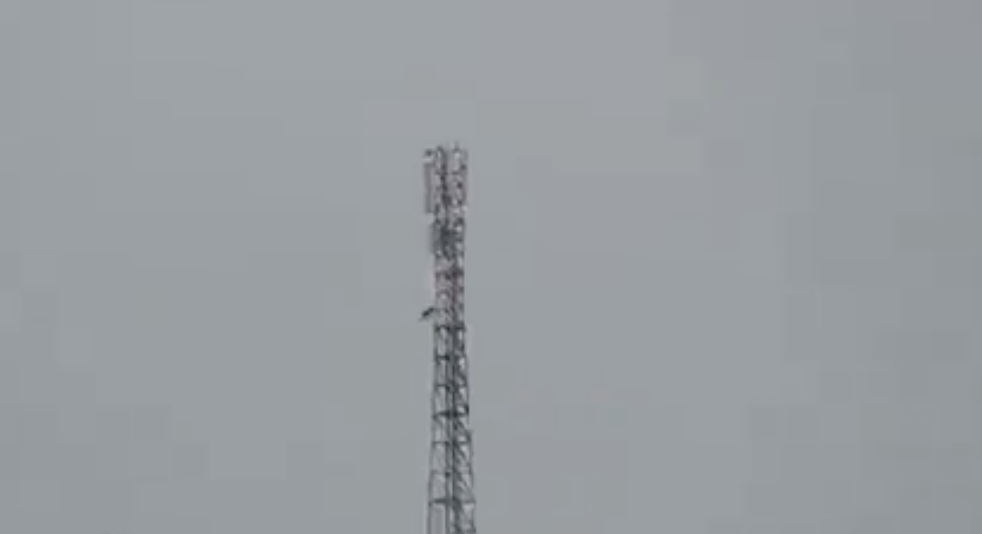 Nella Crimea annessa illegalmente dalla Russia una bandiera ucraina su una torre di comunicazione