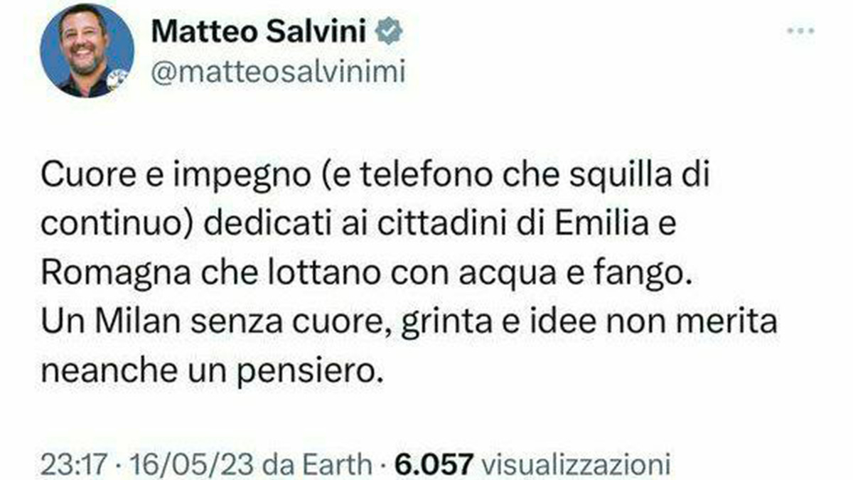 Salvini e il tweet cancellato: "Vicino all'Emilia Romagna, nessun pensiero per il Milan..."
