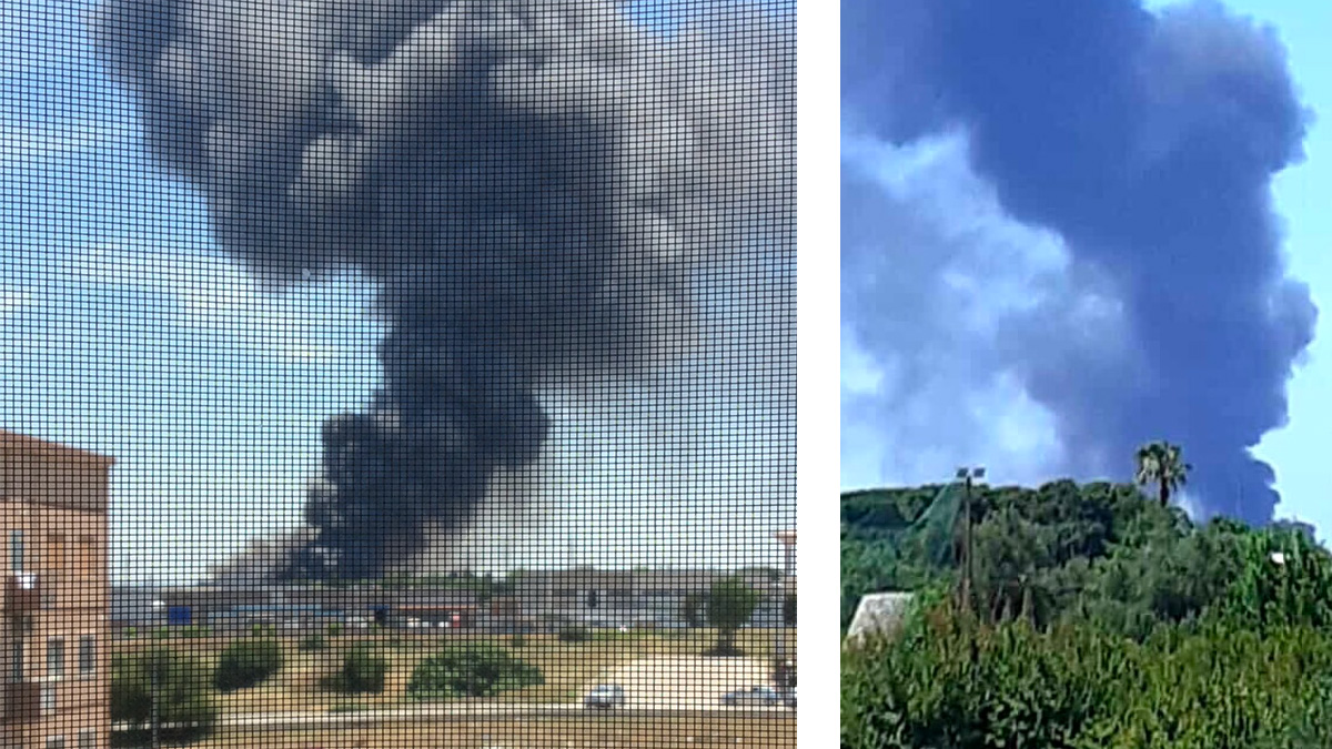 Modugno, incendio in un'azienda chimica: una colonna di fumo nero visibile fino a Bari