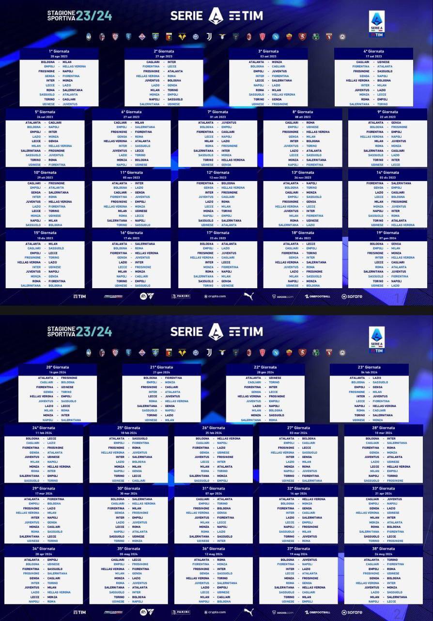 Serie A, ecco il calendario 2023/2024 tutte le giornate, partita per