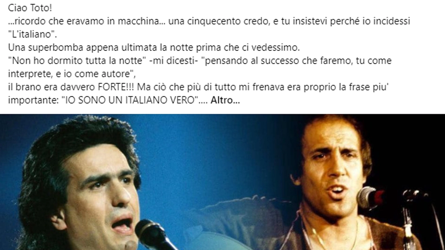 Celentano ricorda Toto Cutugno e svela: "Che cazzata aver rifiutato L'Italiano..."