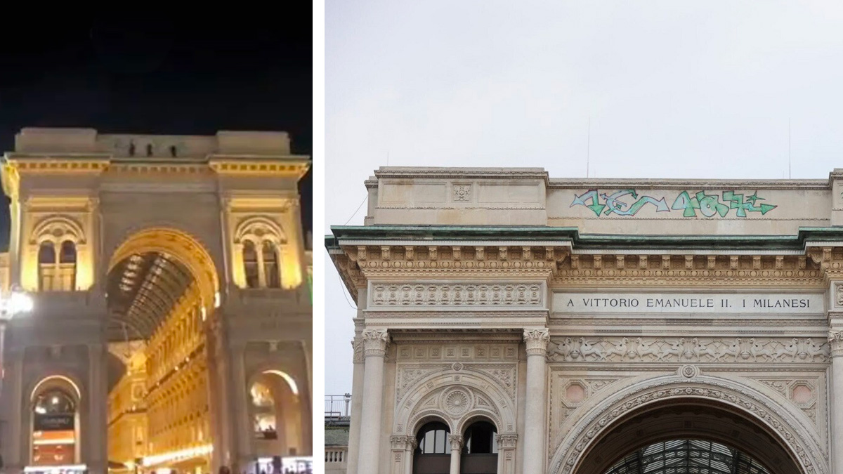 Tre writer imbrattano l'arco d'ingresso della Galleria Vittorio Emanuele II