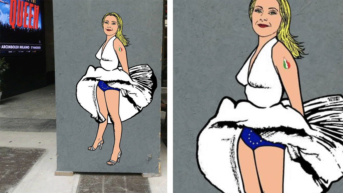 Giorgia Meloni come Marilyn Monroe con l'intimo della Ue: la nuova provocazione dello street artist alexSandro
